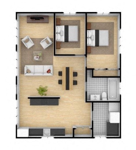 Floor plan for 2 beds, 1 bath, 1030 sqft